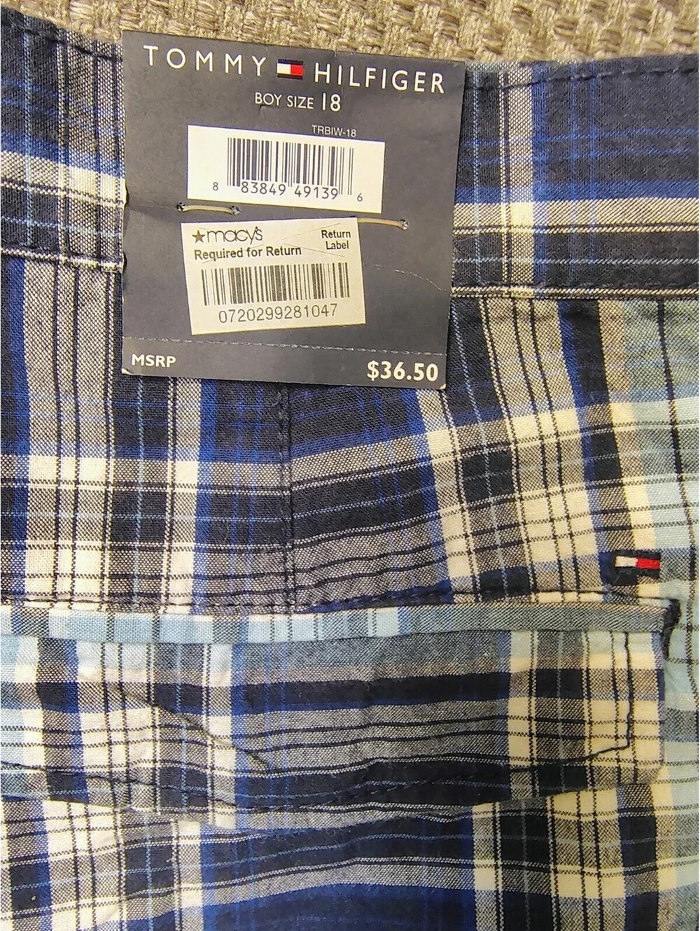 NWT Tommy Hilfiger Boys Shorts Size 18 Blue Plaid Cargo Casual Kids New MSRP $36
